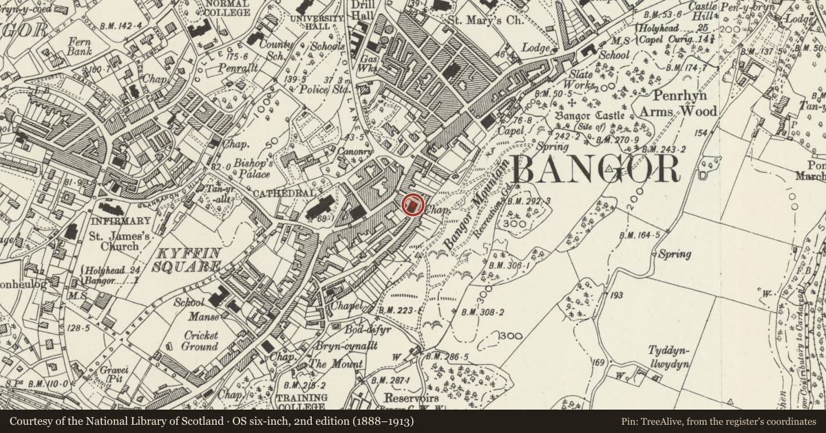 Ordnance Survey six-inch map, 2nd edition (1888–1913) covering the location of Ebenezer Congregationalist Chapel, Bangor, Gwynedd, with a pin at the register's coordinates