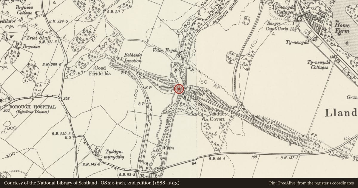 Ordnance Survey six-inch map, 2nd edition (1888–1913) covering the location of Railway Viaduct (partly in Llandygai community), Bangor, Gwynedd, with a pin at the register's coordinates