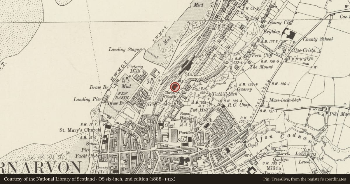 Ordnance Survey six-inch map, 2nd edition (1888–1913) covering the location of Former Christchurch (now Yr Hwylfan), Caernarfon, Gwynedd, with a pin at the register's coordinates