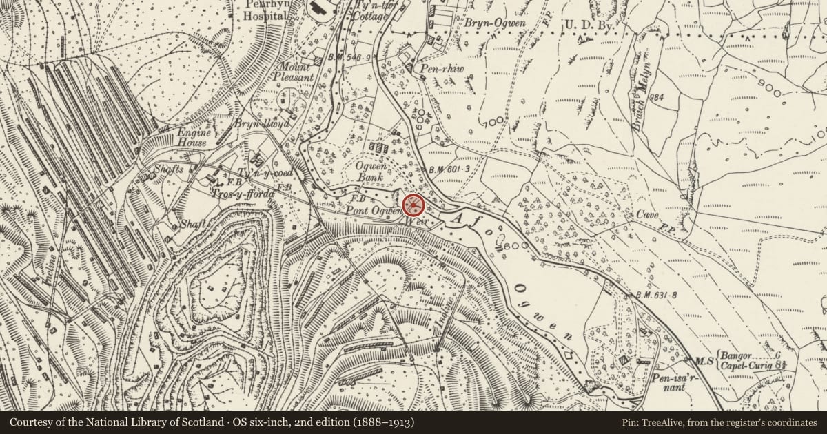 Ordnance Survey six-inch map, 2nd edition (1888–1913) covering the location of Pont Ogwen (partly in Llandygai community), Llanllechid, Gwynedd, with a pin at the register's coordinates