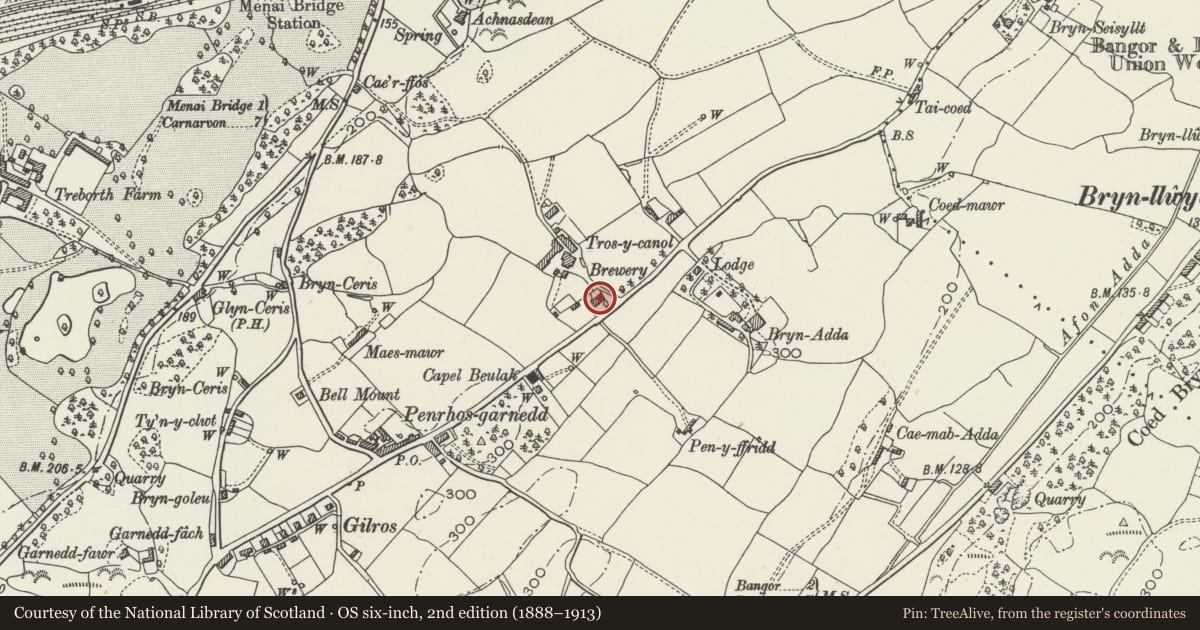 Ordnance Survey six-inch map, 2nd edition (1888–1913) covering the location of Tros-y-canol, Pentir, Gwynedd, with a pin at the register's coordinates