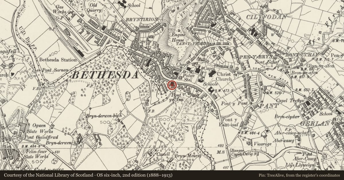 Ordnance Survey six-inch map, 2nd edition (1888–1913) covering the location of Capel Bethesda, Gwynedd, with a pin at the register's coordinates