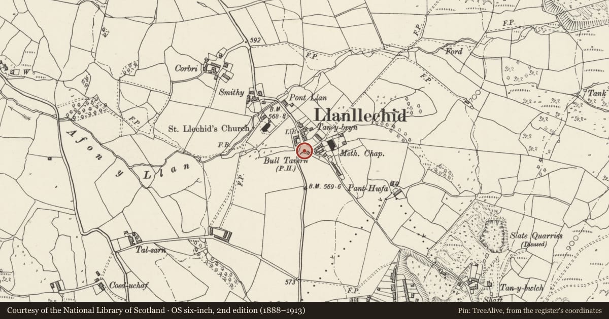 Ordnance Survey six-inch map, 2nd edition (1888–1913) covering the location of Telephone Call-box, Llanllechid, Gwynedd, with a pin at the register's coordinates