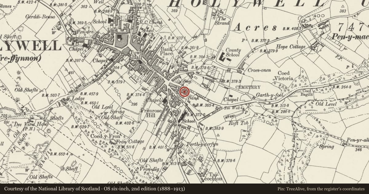 Ordnance Survey six-inch map, 2nd edition (1888–1913) covering the location of Tabernacle English Congregational Church, Holywell, Flintshire, with a pin at the register's coordinates