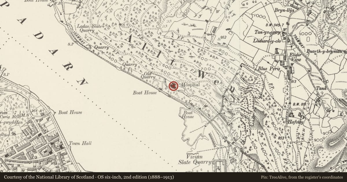 Ordnance Survey six-inch map, 2nd edition (1888–1913) covering the location of Former Hospital and boundary walls, Llanddeiniolen, Gwynedd, with a pin at the register's coordinates