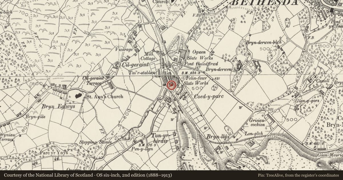 Ordnance Survey six-inch map, 2nd edition (1888–1913) covering the location of Foundry at Felin Fawr Slate Works, Llandygai, Gwynedd, with a pin at the register's coordinates