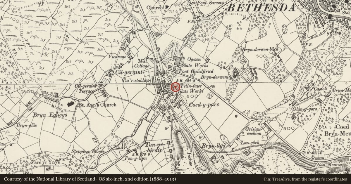 Ordnance Survey six-inch map, 2nd edition (1888–1913) covering the location of Water Mill & Wheel House at Felin Fawr Slate Works, Llandygai, Gwynedd, with a pin at the register's coordinates