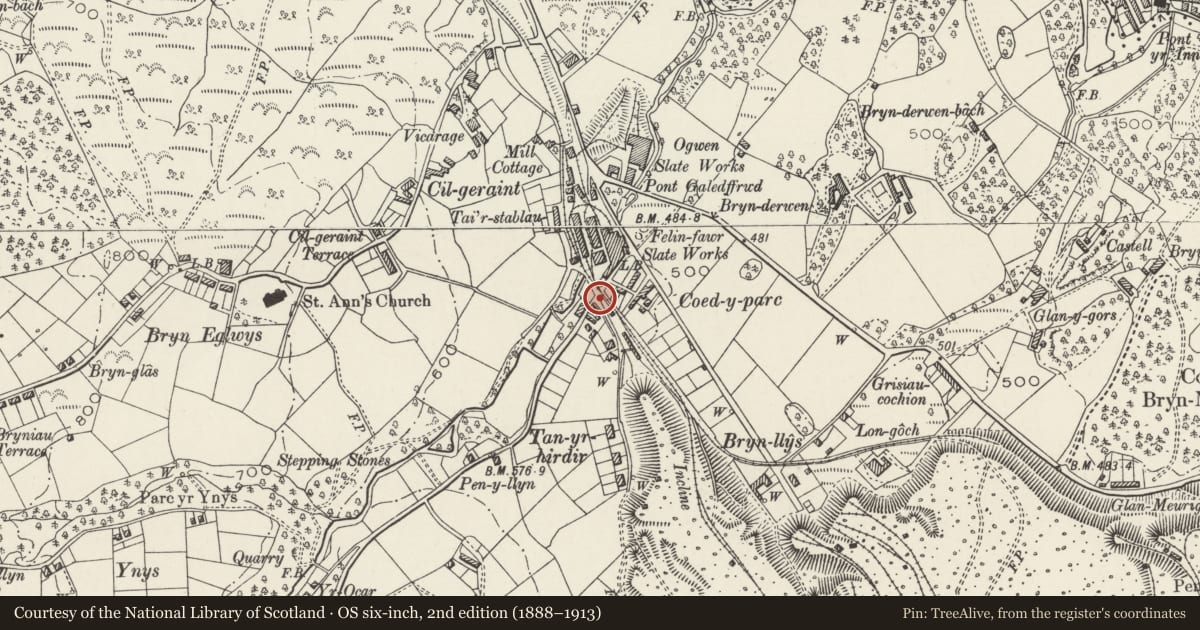 Ordnance Survey six-inch map, 2nd edition (1888–1913) covering the location of Pont Coed-y-parc, Llandygai, Gwynedd, with a pin at the register's coordinates