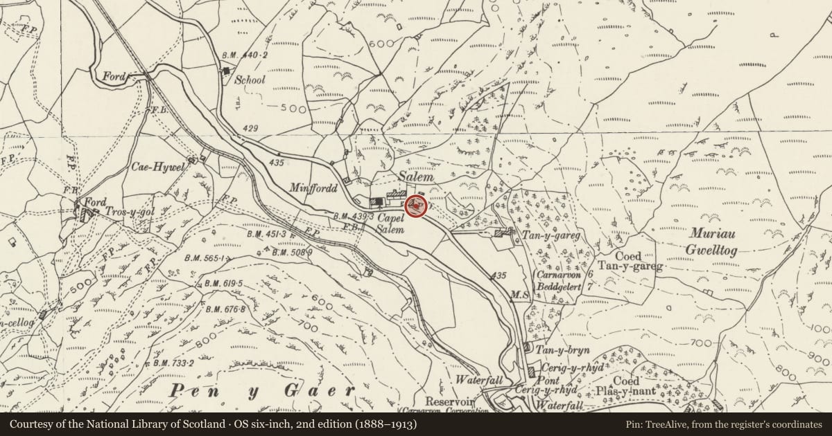 Ordnance Survey six-inch map, 2nd edition (1888–1913) covering the location of Telephone Call-box, Betws Garmon, Gwynedd, with a pin at the register's coordinates