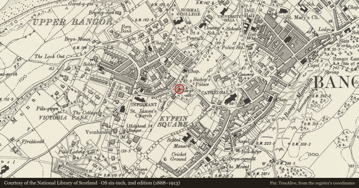 Ordnance Survey six-inch map, 2nd edition (1888–1913) covering the location of Tanyrallt, Bangor, Gwynedd, with a pin at the register's coordinates