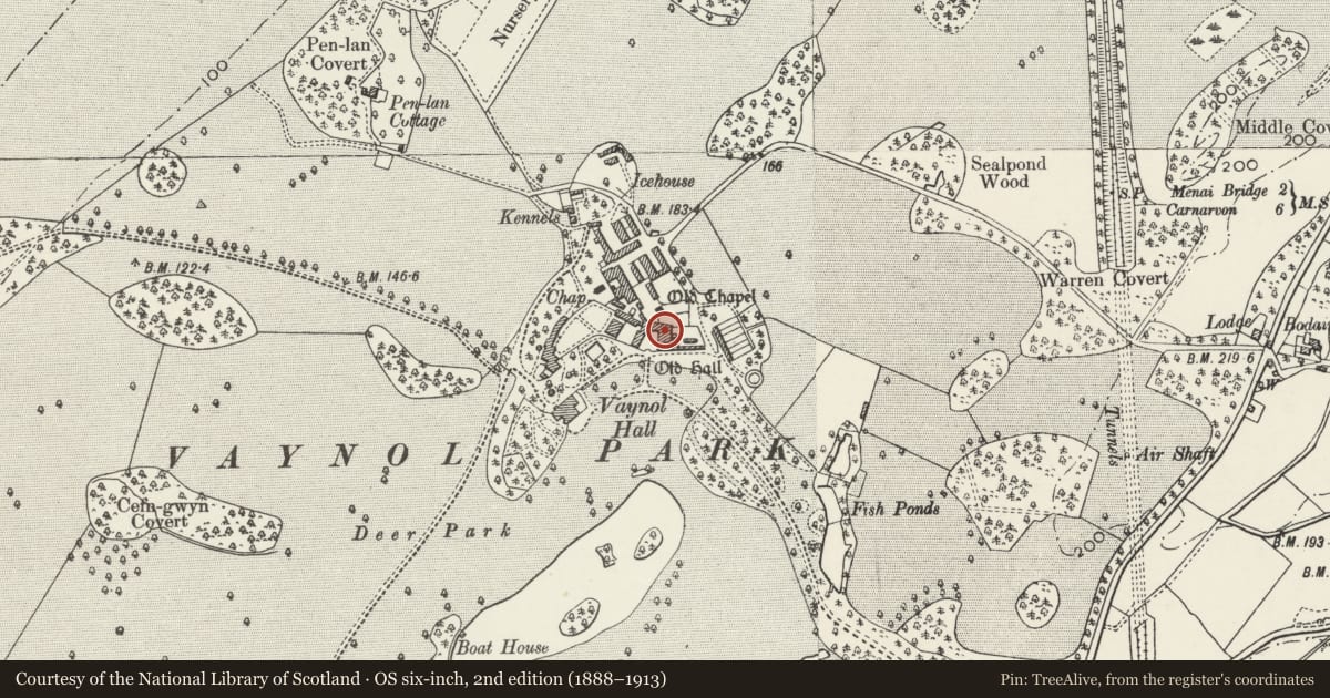 Ordnance Survey six-inch map, 2nd edition (1888–1913) covering the location of Vaynol Old Hall, Pentir, Gwynedd, with a pin at the register's coordinates