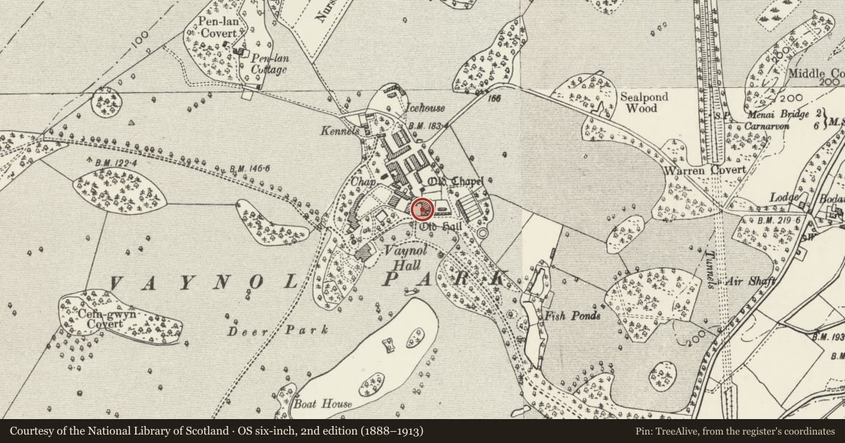 Ordnance Survey six-inch map, 2nd edition (1888–1913) covering the location of The Best Stables on S side of Vaynol Old Hall and courtyard walls, Pentir, Gwynedd, with a pin at the register's coordinates