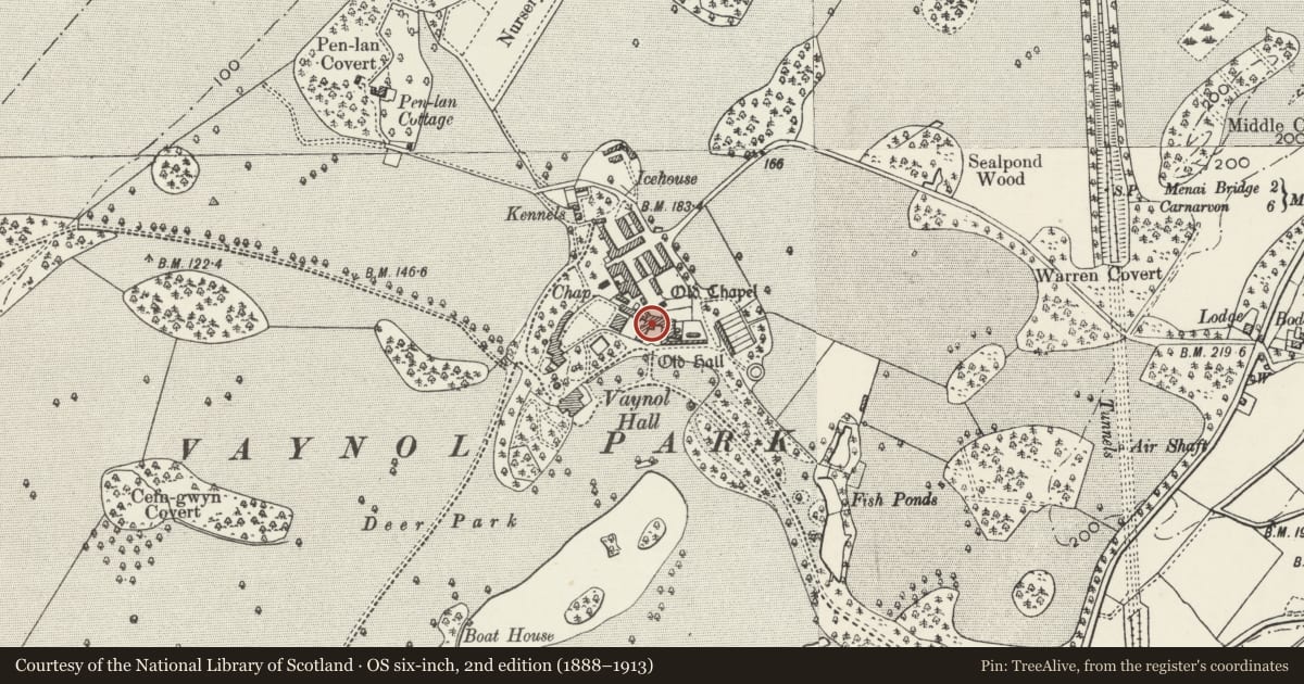 Ordnance Survey six-inch map, 2nd edition (1888–1913) covering the location of L-shaped courtyard range to rear of Vaynol Old Hall with enclosing yard wall at S end, Pentir, Gwynedd, with a pin at the register's coordinates