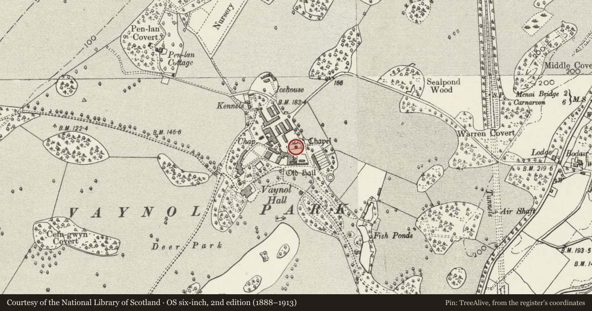 Ordnance Survey six-inch map, 2nd edition (1888–1913) covering the location of Terraced Garden to N of Vaynol Old Hall, Pentir, Gwynedd, with a pin at the register's coordinates