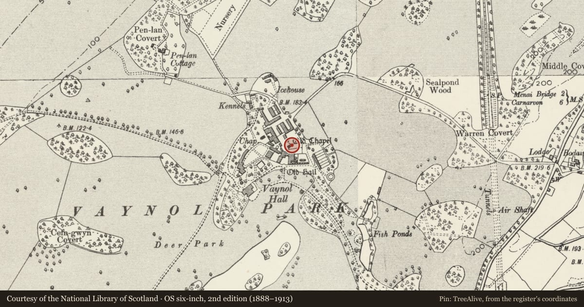 Ordnance Survey six-inch map, 2nd edition (1888–1913) covering the location of Gateway with inscription set in N boundary wall of Terrace Garden opposite Vaynol Old Hall, Pentir, Gwynedd, with a pin at the register's coordinates