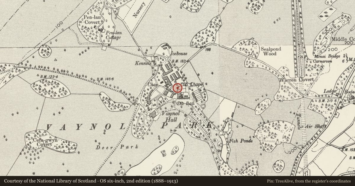 Ordnance Survey six-inch map, 2nd edition (1888–1913) covering the location of Chapel of St Mary to N of Vaynol Old Hall, Pentir, Gwynedd, with a pin at the register's coordinates