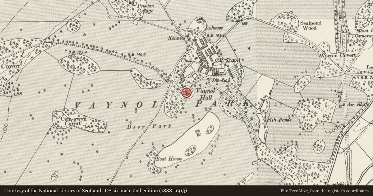Ordnance Survey six-inch map, 2nd edition (1888–1913) covering the location of Vaynol Hall, Pentir, Gwynedd, with a pin at the register's coordinates