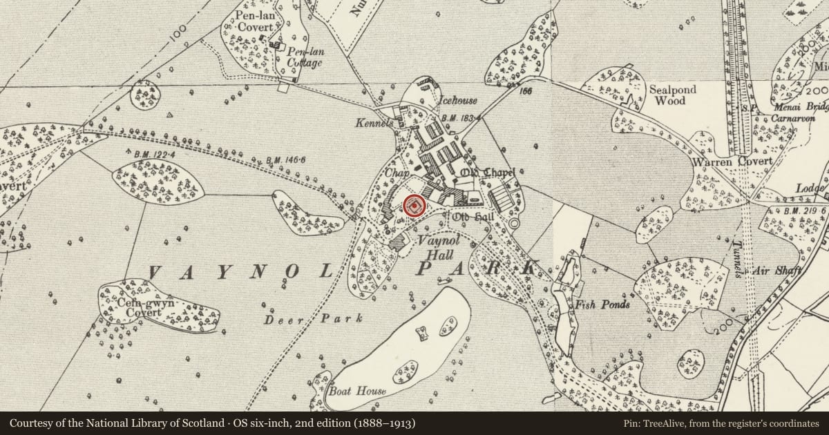 Ordnance Survey six-inch map, 2nd edition (1888–1913) covering the location of Terrace Walls and fountain to formal garden to NE of Vaynol Hall, Pentir, Gwynedd, with a pin at the register's coordinates