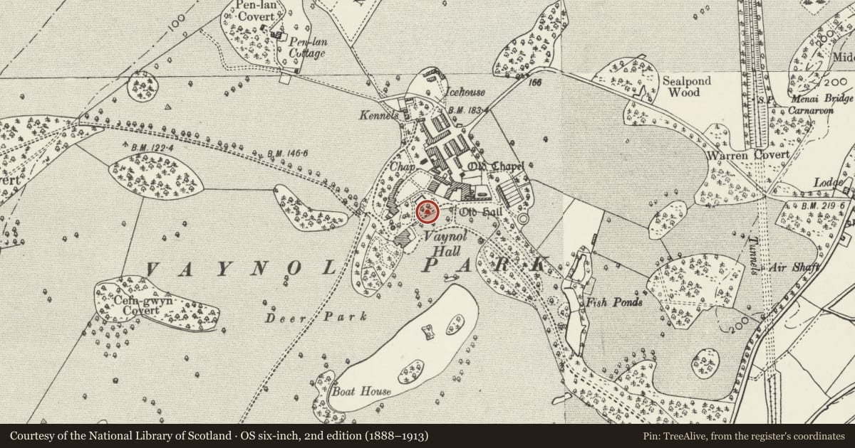 Ordnance Survey six-inch map, 2nd edition (1888–1913) covering the location of Urn and pedestal in formal garden NE of Vaynol Hall, Pentir, Gwynedd, with a pin at the register's coordinates
