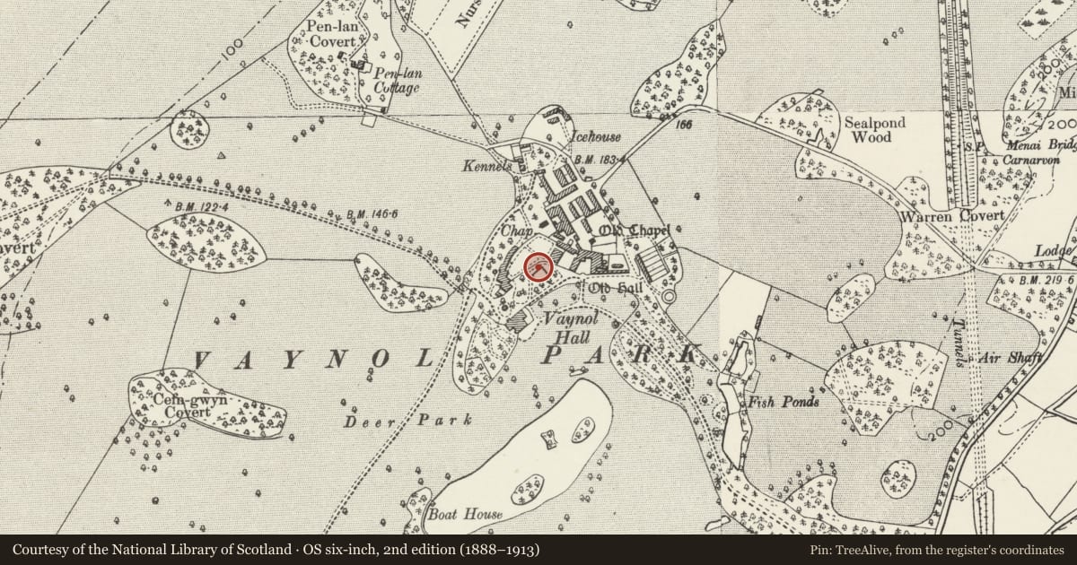 Ordnance Survey six-inch map, 2nd edition (1888–1913) covering the location of Putti and pedestal in formal Garden NE of Vaynol Hall, Pentir, Gwynedd, with a pin at the register's coordinates