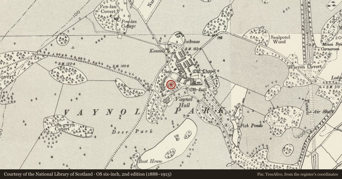 Ordnance Survey six-inch map, 2nd edition (1888–1913) covering the location of Putti and pedestal in formal garden NE of Vaynol Hall, Pentir, Gwynedd, with a pin at the register's coordinates