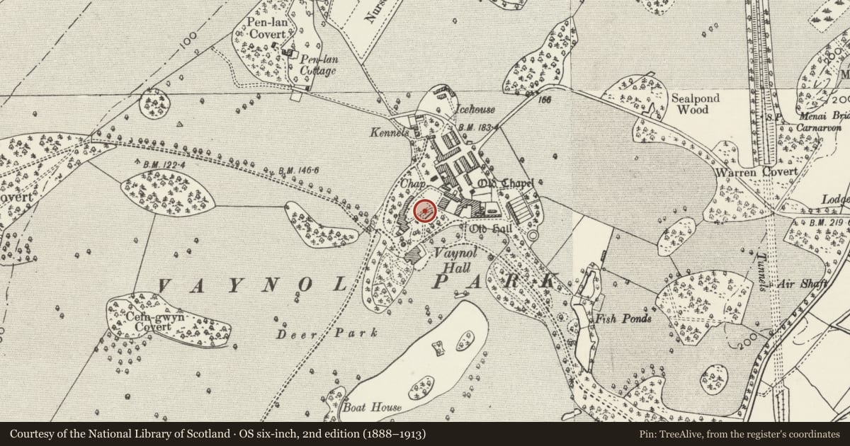 Ordnance Survey six-inch map, 2nd edition (1888–1913) covering the location of Gateway with bellcage at head of formal garden NE of Vaynol Hall, Pentir, Gwynedd, with a pin at the register's coordinates