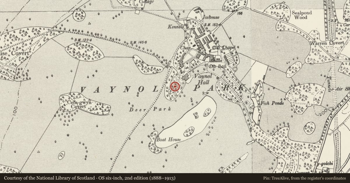 Ordnance Survey six-inch map, 2nd edition (1888–1913) covering the location of Classical statue to SW of Vaynol Hall, Pentir, Gwynedd, with a pin at the register's coordinates