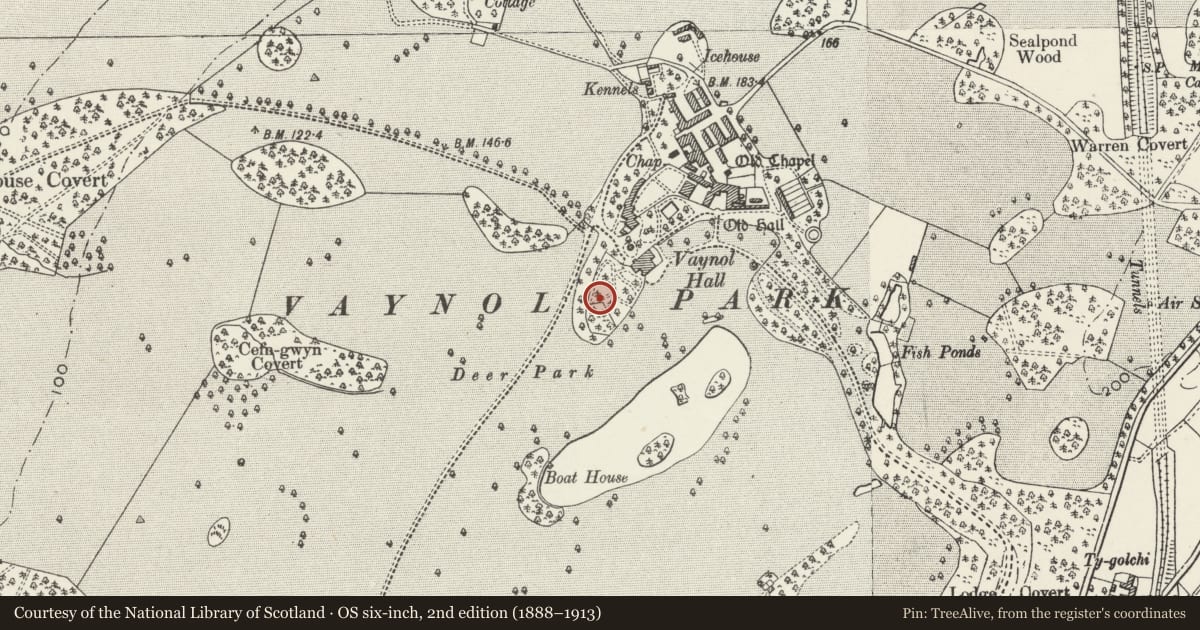 Ordnance Survey six-inch map, 2nd edition (1888–1913) covering the location of Well Head to SW of Vaynol Hall, Pentir, Gwynedd, with a pin at the register's coordinates