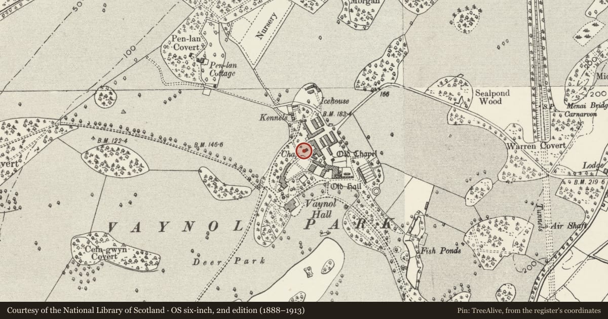 Ordnance Survey six-inch map, 2nd edition (1888–1913) covering the location of Chapel to SW of Vaynol Farm, Pentir, Gwynedd, with a pin at the register's coordinates