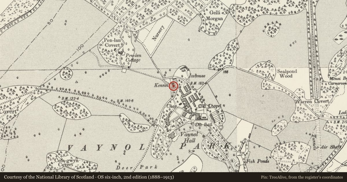 Ordnance Survey six-inch map, 2nd edition (1888–1913) covering the location of Y Bwthyn, Pentir, Gwynedd, with a pin at the register's coordinates