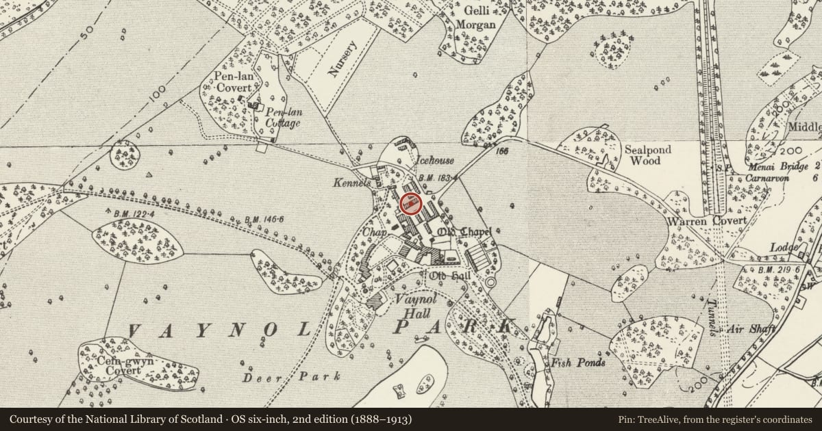 Ordnance Survey six-inch map, 2nd edition (1888–1913) covering the location of Long Barn at Vaynol Farm, Pentir, Gwynedd, with a pin at the register's coordinates