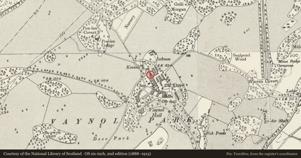 Ordnance Survey six-inch map, 2nd edition (1888–1913) covering the location of Stable range to NW farmyard, Pentir, Gwynedd, with a pin at the register's coordinates