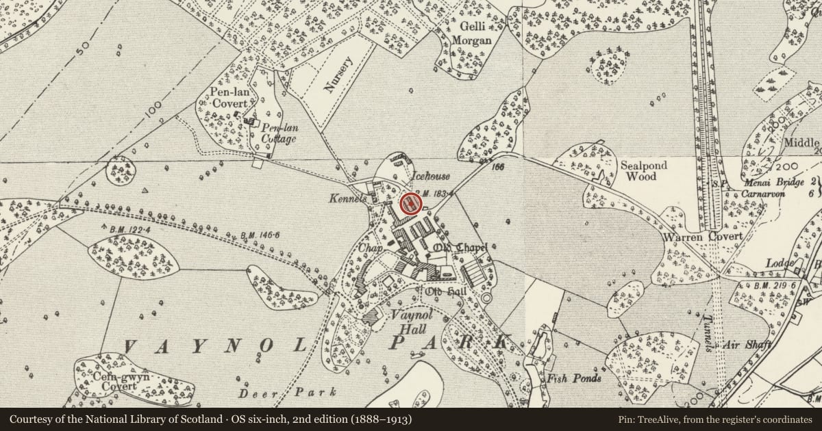 Ordnance Survey six-inch map, 2nd edition (1888–1913) covering the location of Hammel and haystore to NE farmyard, Pentir, Gwynedd, with a pin at the register's coordinates