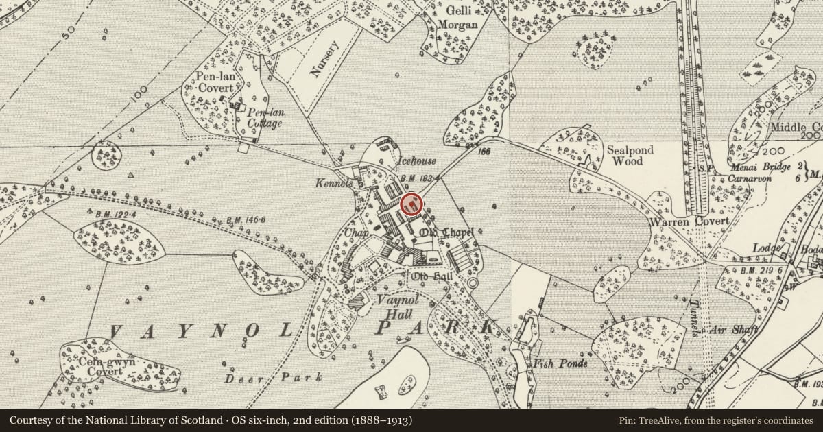Ordnance Survey six-inch map, 2nd edition (1888–1913) covering the location of Farmyard range to SE of Long Barn, Pentir, Gwynedd, with a pin at the register's coordinates