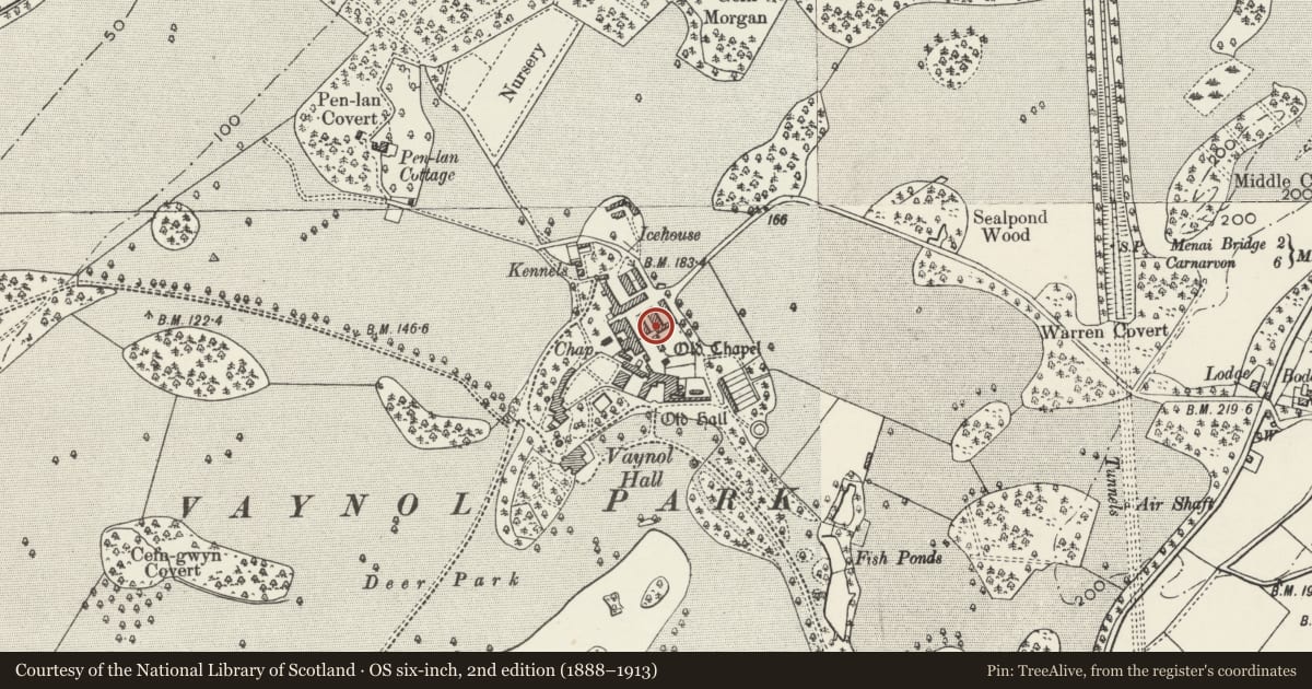 Ordnance Survey six-inch map, 2nd edition (1888–1913) covering the location of Central farmyard range to S of Long Barn, Pentir, Gwynedd, with a pin at the register's coordinates