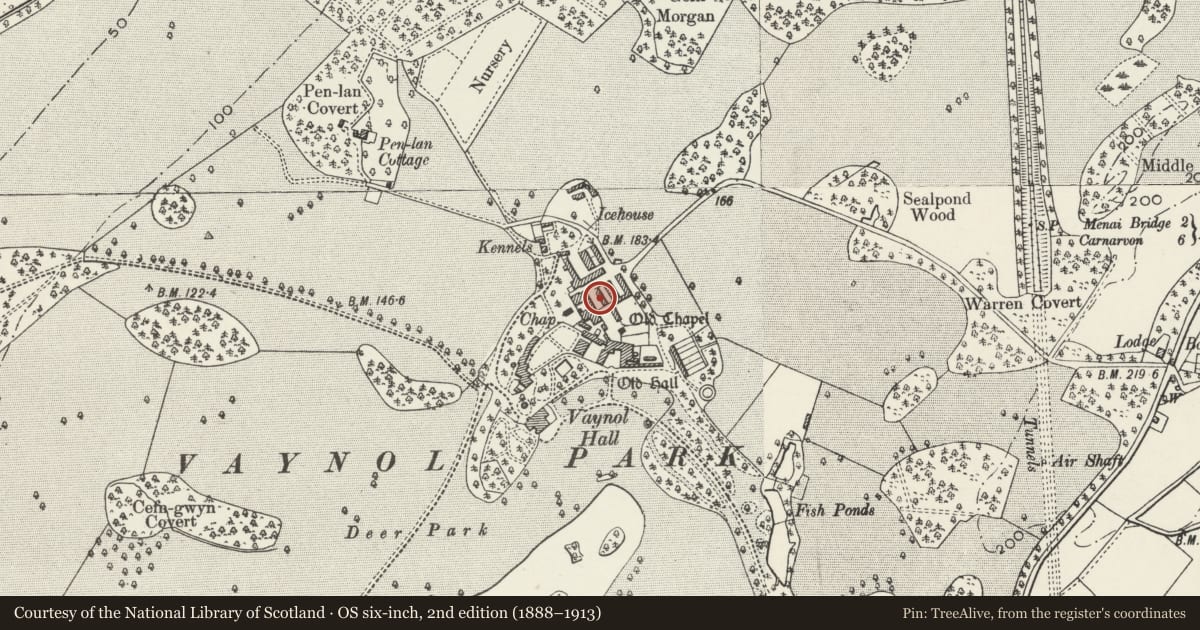Ordnance Survey six-inch map, 2nd edition (1888–1913) covering the location of Farmyard range to S of Long Barn, Pentir, Gwynedd, with a pin at the register's coordinates