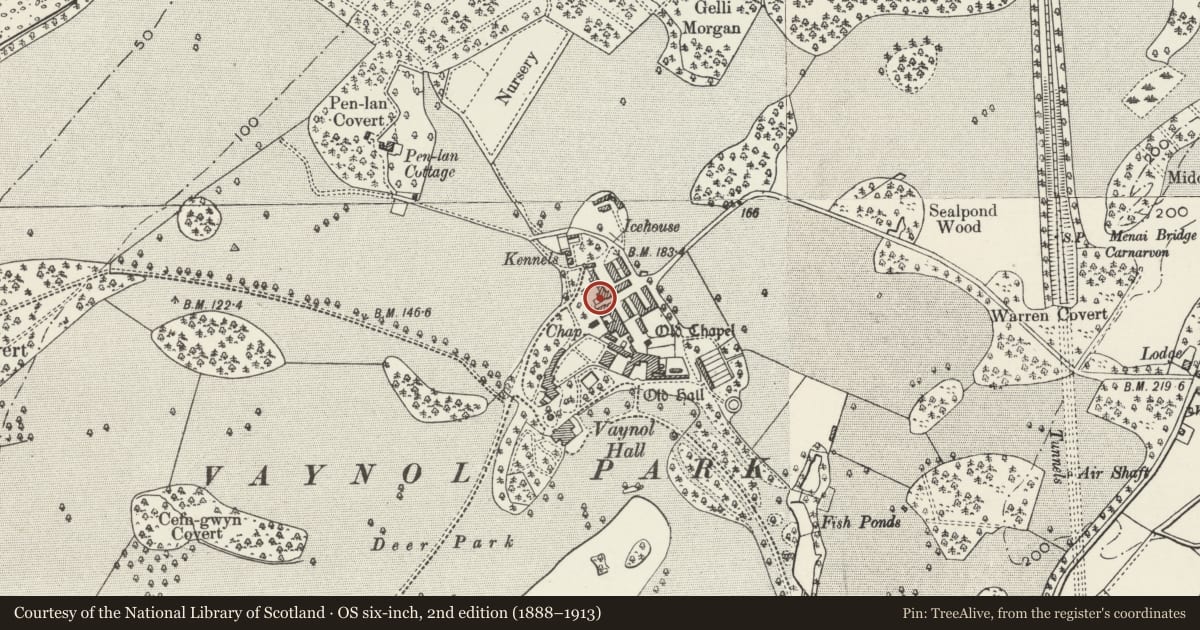 Ordnance Survey six-inch map, 2nd edition (1888–1913) covering the location of Range attached to W end of Long Barn, Pentir, Gwynedd, with a pin at the register's coordinates
