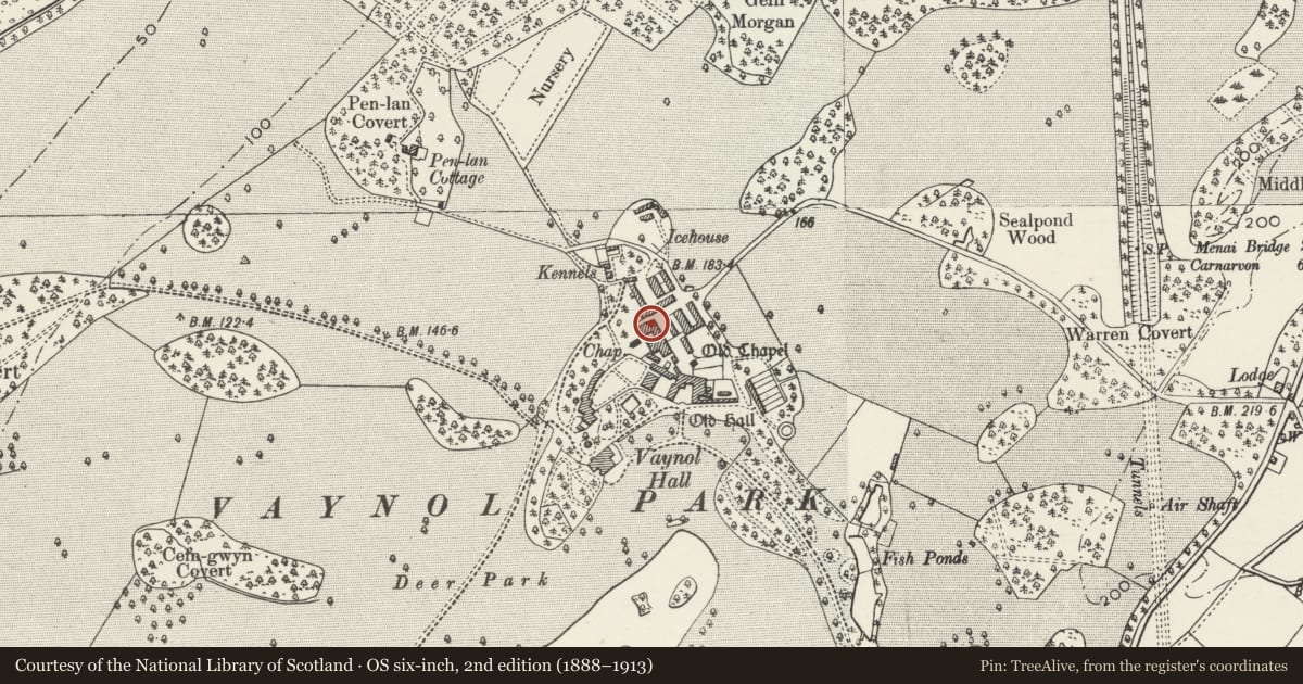 Ordnance Survey six-inch map, 2nd edition (1888–1913) covering the location of Detached small range to SW of Long Barn, Pentir, Gwynedd, with a pin at the register's coordinates