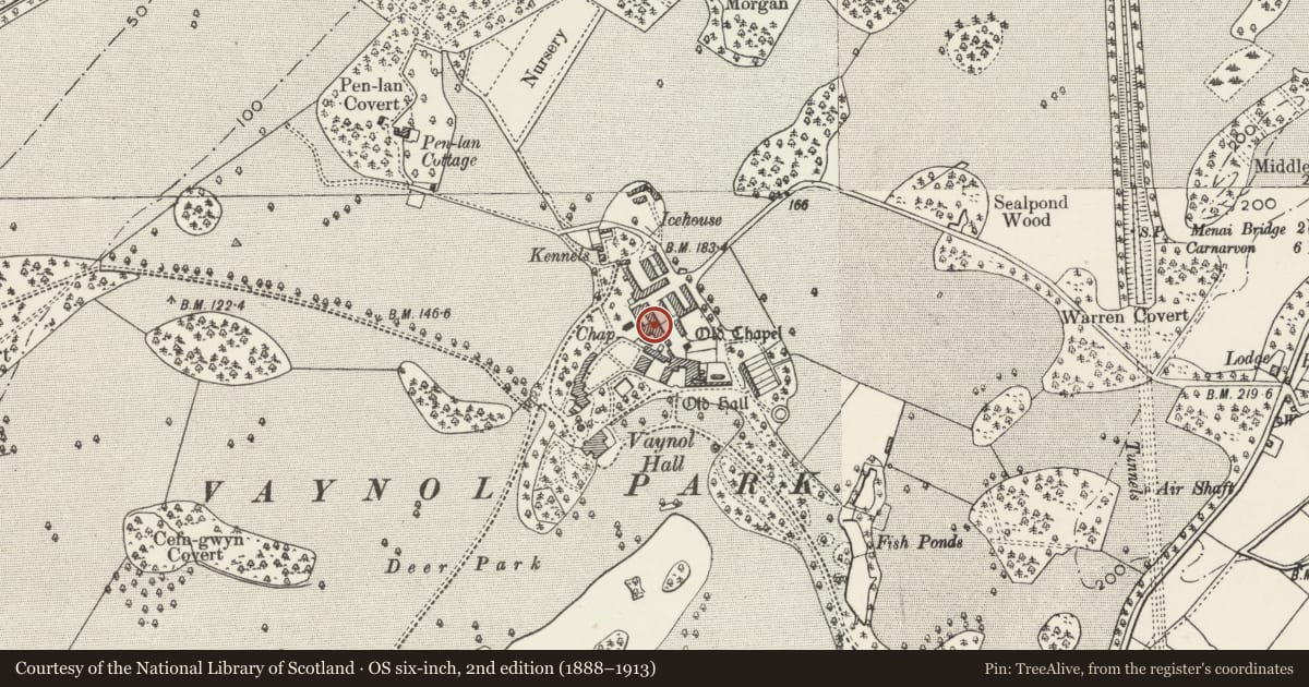 Ordnance Survey six-inch map, 2nd edition (1888–1913) covering the location of Detached small range to NW of Dairy Cottage, Pentir, Gwynedd, with a pin at the register's coordinates