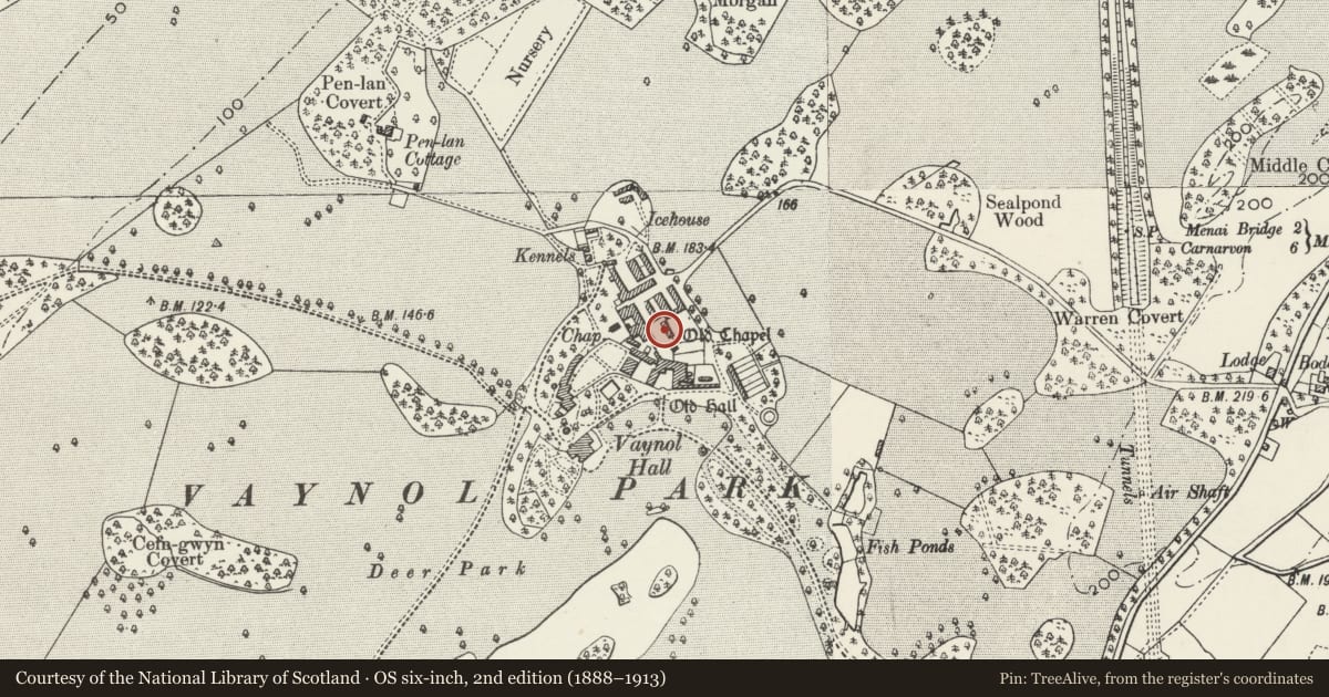 Ordnance Survey six-inch map, 2nd edition (1888–1913) covering the location of Dairy Cottage with garden walls to rear, Pentir, Gwynedd, with a pin at the register's coordinates