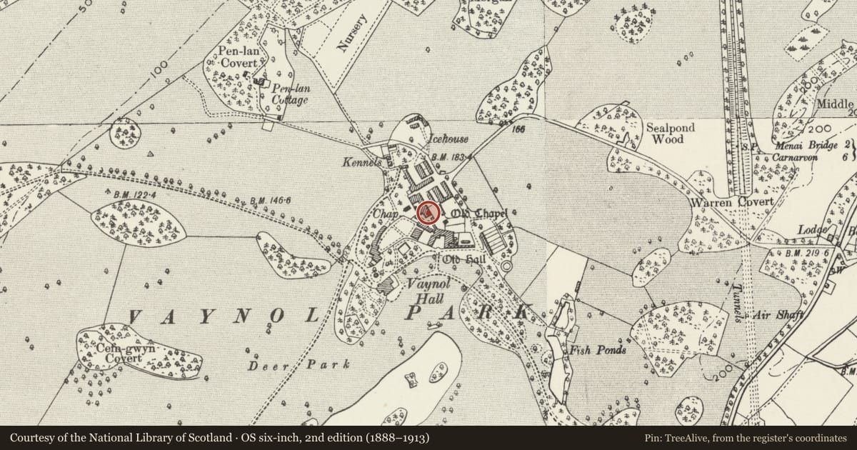 Ordnance Survey six-inch map, 2nd edition (1888–1913) covering the location of Walled garden opposite Dairy Cottage, with two sets of gates, Pentir, Gwynedd, with a pin at the register's coordinates