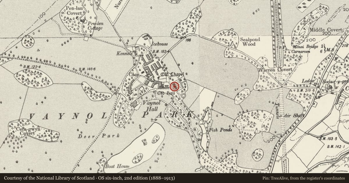 Ordnance Survey six-inch map, 2nd edition (1888–1913) covering the location of Stables and Brood Mare's Yard, Pentir, Gwynedd, with a pin at the register's coordinates