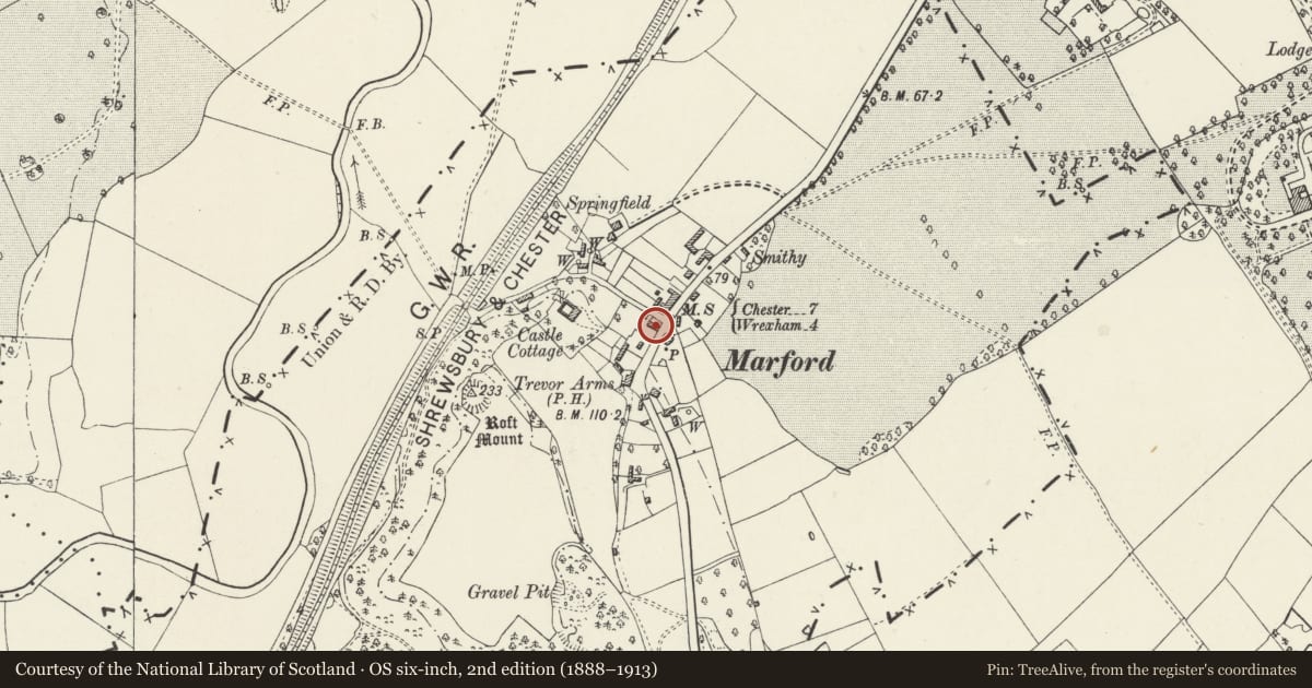 Ordnance Survey six-inch map, 2nd edition (1888–1913) covering the location of Roft Lee, Gresford, Wrexham, with a pin at the register's coordinates