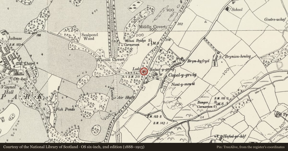 Ordnance Survey six-inch map, 2nd edition (1888–1913) covering the location of Capel-y-graig Lodge and adjoining gatepiers, Pentir, Gwynedd, with a pin at the register's coordinates
