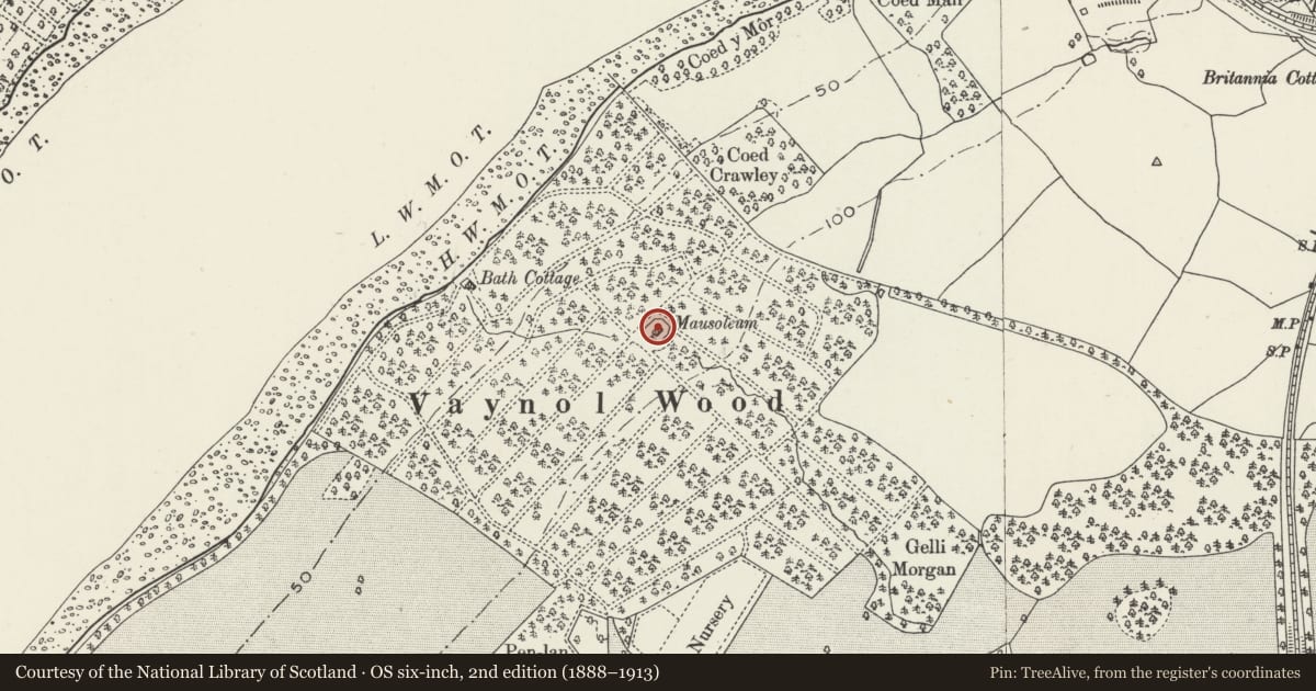 Ordnance Survey six-inch map, 2nd edition (1888–1913) covering the location of Mausoleum to N end of Vaynol Wood, with enclosing wall and railings, Pentir, Gwynedd, with a pin at the register's coordinates