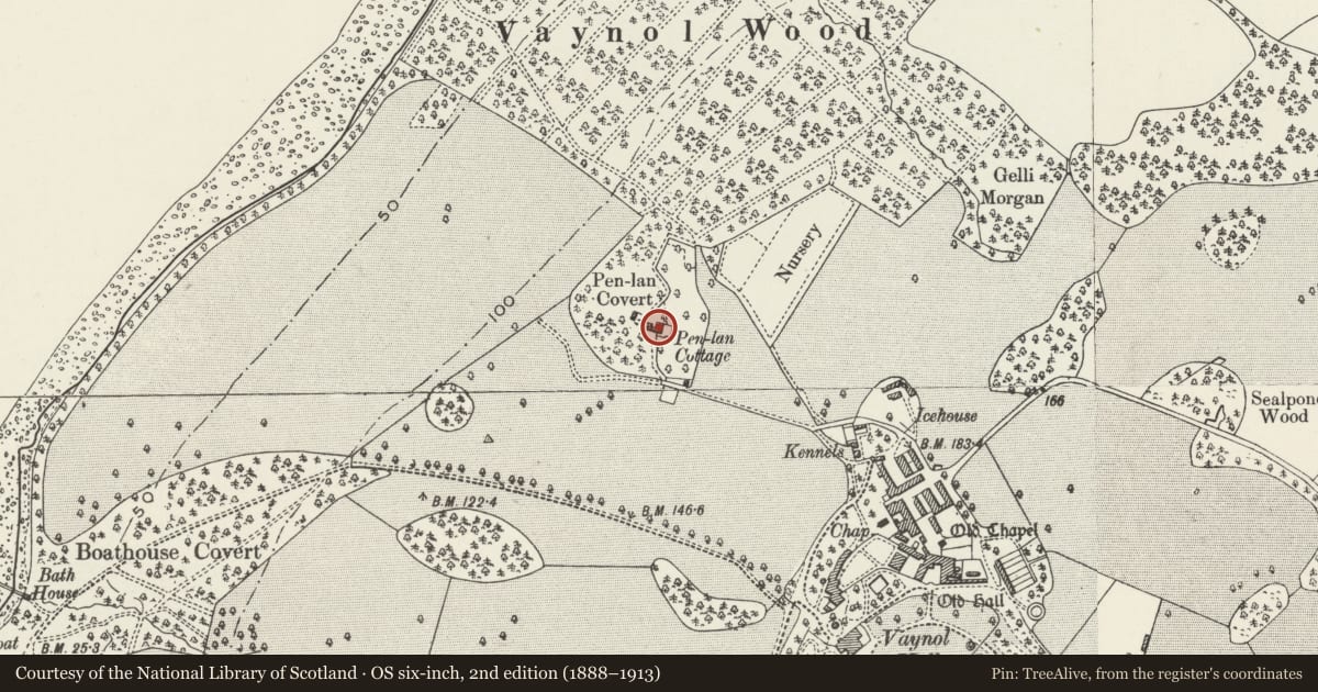 Ordnance Survey six-inch map, 2nd edition (1888–1913) covering the location of Pen-lan Cottage, Pentir, Gwynedd, with a pin at the register's coordinates