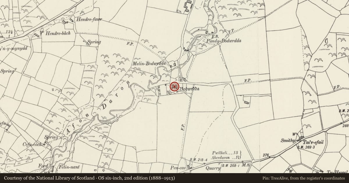 Ordnance Survey six-inch map, 2nd edition (1888–1913) covering the location of Bodwrdda, Aberdaron, Gwynedd, with a pin at the register's coordinates