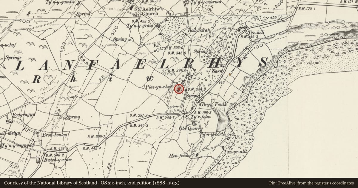 Ordnance Survey six-inch map, 2nd edition (1888–1913) covering the location of Plas yn Rhiw, Aberdaron, Gwynedd, with a pin at the register's coordinates