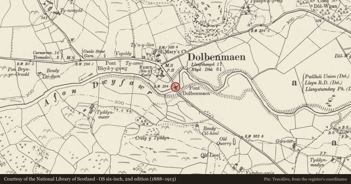 Ordnance Survey six-inch map, 2nd edition (1888–1913) covering the location of Pont Dolbenmaen, Gwynedd, with a pin at the register's coordinates