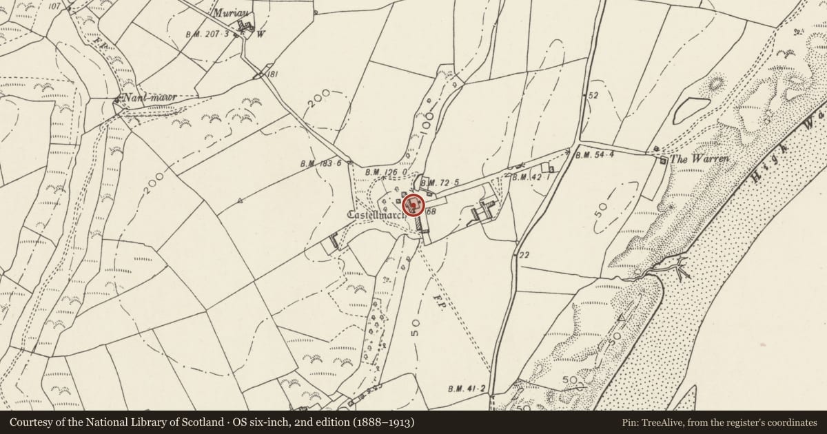 Ordnance Survey six-inch map, 2nd edition (1888–1913) covering the location of Castellmarch, Llanengan, Gwynedd, with a pin at the register's coordinates